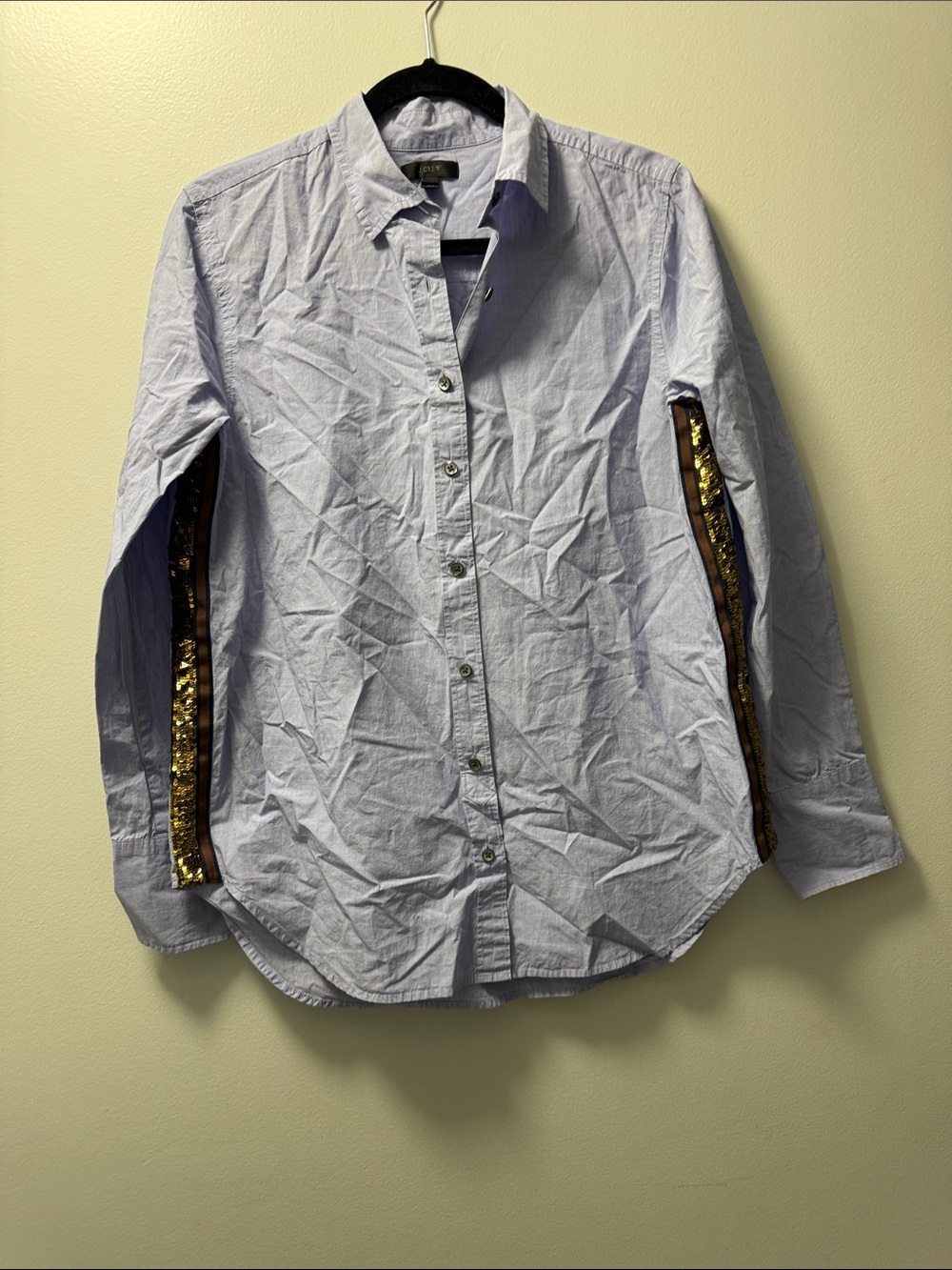 J. Crew Light Blue Button-Down Shirt with Gold Sequin Side Trim